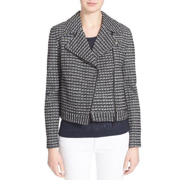 Tory Burch Tweed Moto Jacket Black Knit Zip Front Leather Trim Small Old Money - Picture 3 of 11